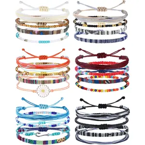 CASSIECA 24Pieces Waterproof String Bracelets for Women Surfer Wave Boho Bracelet Adjustable Handmade Friendship Bracelet String Ocean Beach Boho Bracelets Anklets for Women