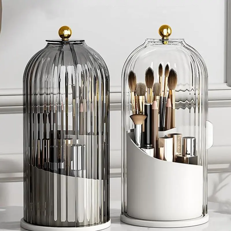 360° Rotating Cosmetic Brush Storage Basket,Makeup Brush Organizer with Clear Dustproof Lid,Multi-grid Countertop Makeup Storage Box,Tooth Brush Toothpaste Holder,Desktop Makeup Organizer for Vanity Dresser Bathroom & Office,Beauty Organiser
