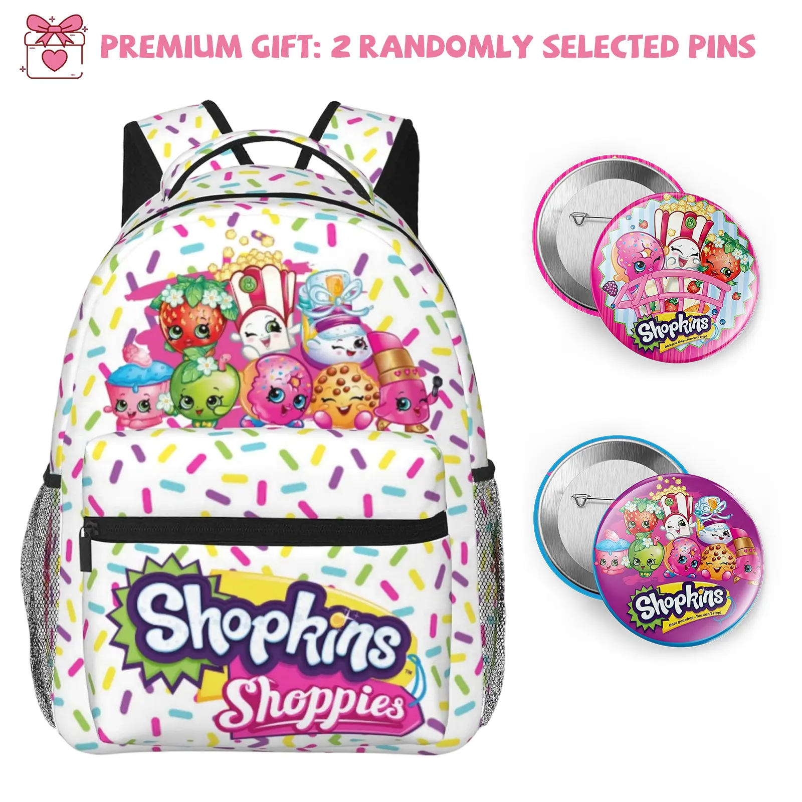 Shopkins Backpack for Travel & Commute, Shopkins cartoon school backpack Shopkins Shoppies casual backpack Zippered Front & Mesh Side Pockets, Padded Straps,back to school supplies