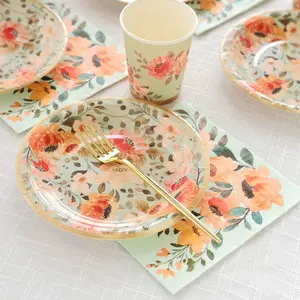 72 Pcs Paper Dinnerware Set Sage Green with Pink Floral Print - Disposable Plates, Cups, and Napkins Tableware