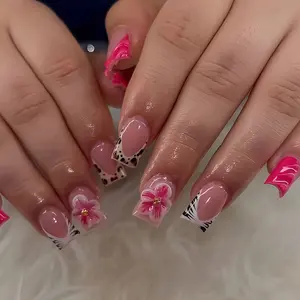 24pcs Short Square Nail Tips, 3D Floral Leopard Zebra Patterns, Y2K Glossy Fake Nails, Reusable with Jelly Glue & File, Nail Art Diy