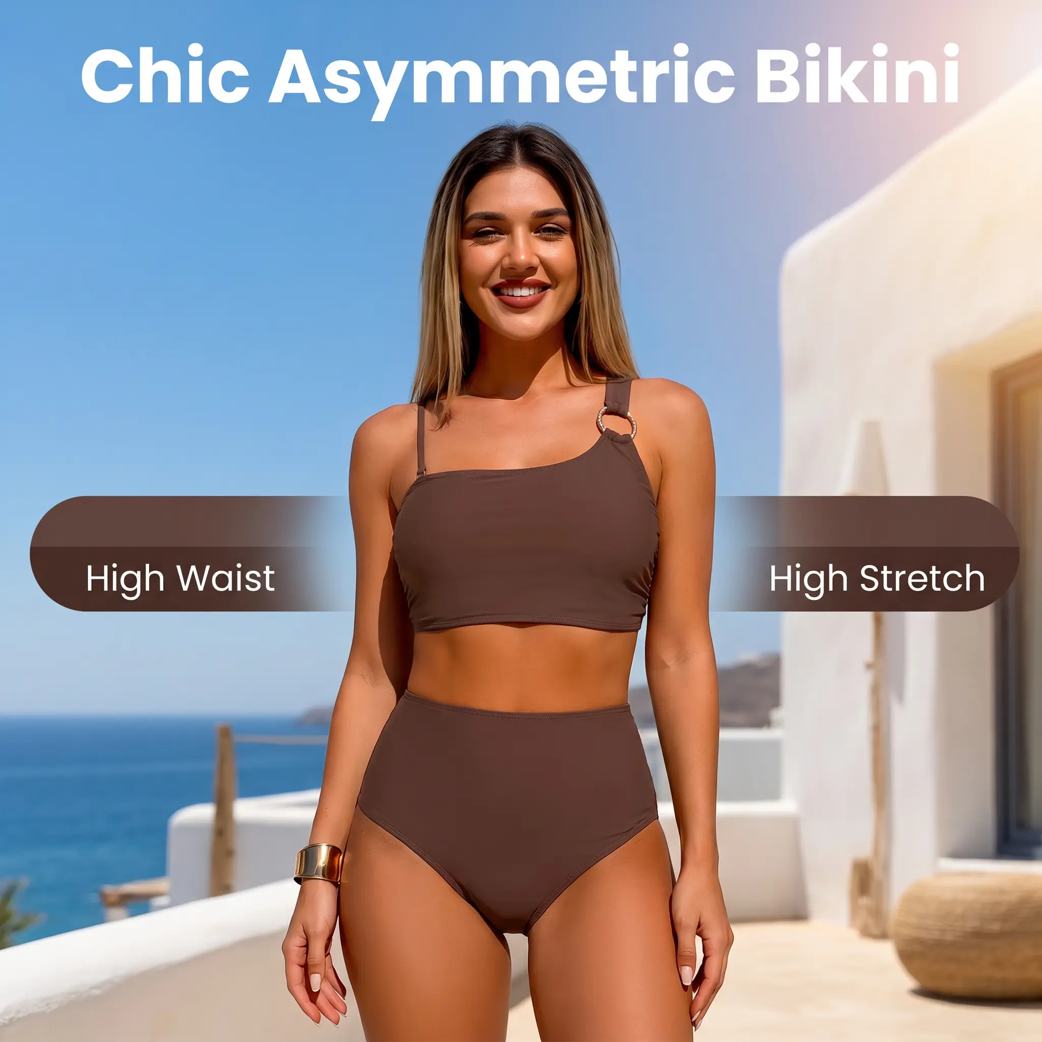 JOJO | Women High Waisted Two Piece Bikini Set, Rhinestone Decor One Shoulder Strap Square Neck Crop Top Tummy Control Solid Bathing Suit Beach Swimwear