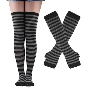 Black and White Striped Arm Leg Warmers Sleeves Set Rainbow Socks Knee High Fingerless Gloves Hand Thigh Warm