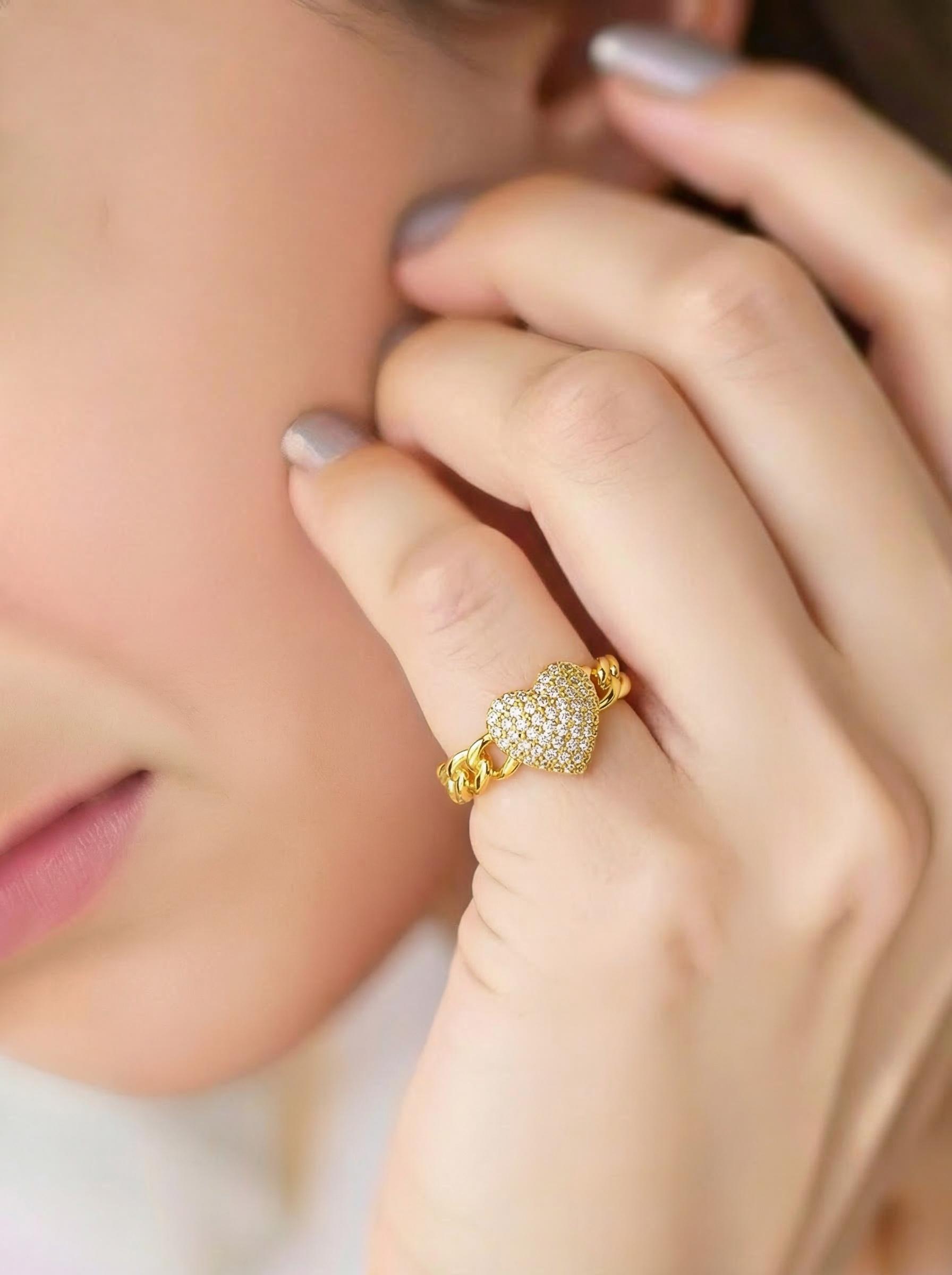 Exquisite Micro Paved CZ Heart Ring, Gold Plated Non Tarnish Adjustable Open Ring, Elegant Statement Ring for Dating & Daily Wear