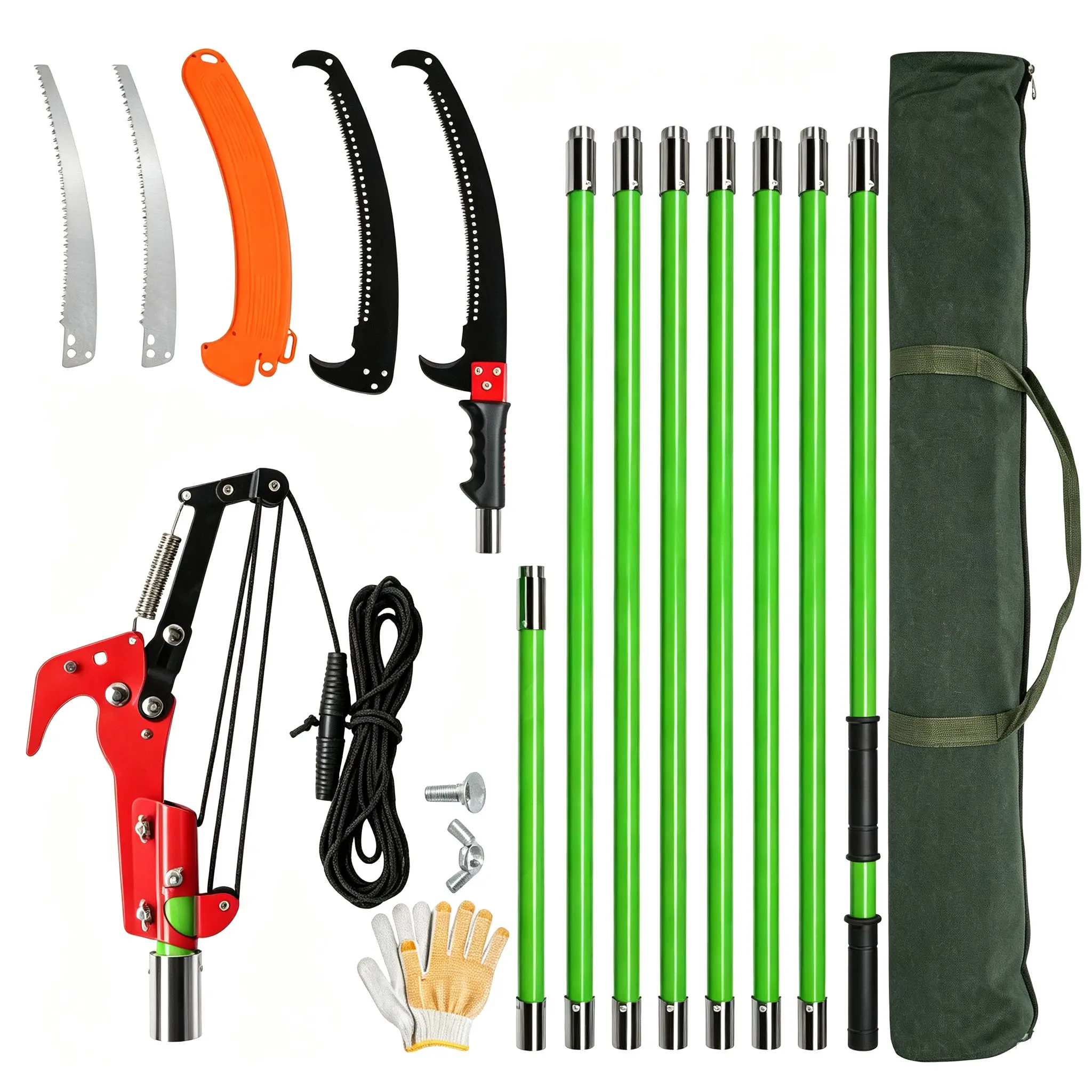 Manual 26ft Extendable Fiberglass Pole Saw, 8-Section Lightweight Outdoor Tree Pruner with Trimming Scissors, Razor-Sharp 65Mn Steel Blade for Garden Yard Landscape Maintenance, High Reach