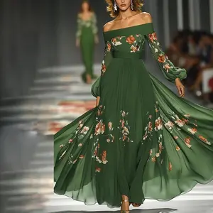 Long-sleeved One-word Collar, Digital Printing, Long Dress Dress.