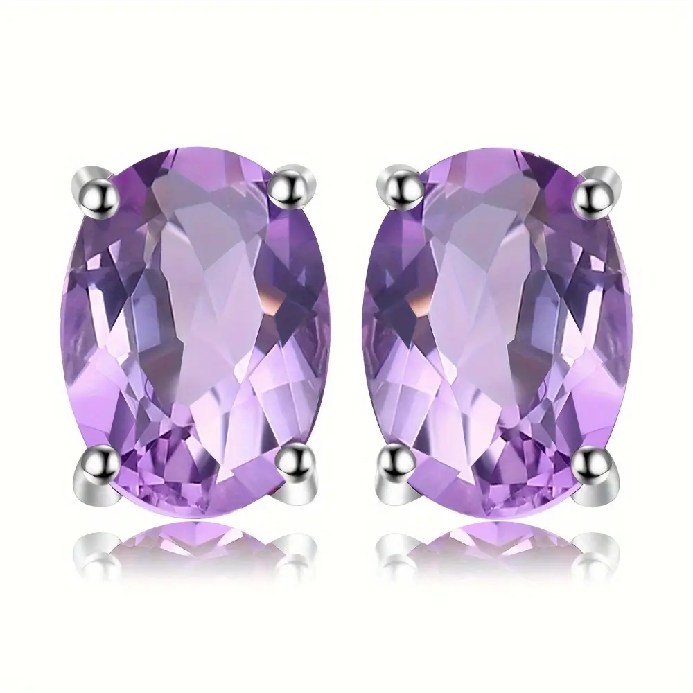 EJG 925 Sterling Silver Hypoallergenic Oval Purple Crystal Thick Stud Earrings - 4-Prong Sparkling Jewelry for Wedding Party Gift, Everyday Elegant Wear, Thick Studs, Stud Earrings Jewelry