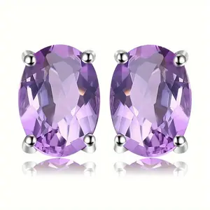 EJG Oval Purple Crystal Earrings - 925 Sterling Silver Hypoallergenic, Four-Prong Sparkling Viral Jewelry for Wedding Party Gift | Everyday Elegant Dangle earrings Thick Studs
