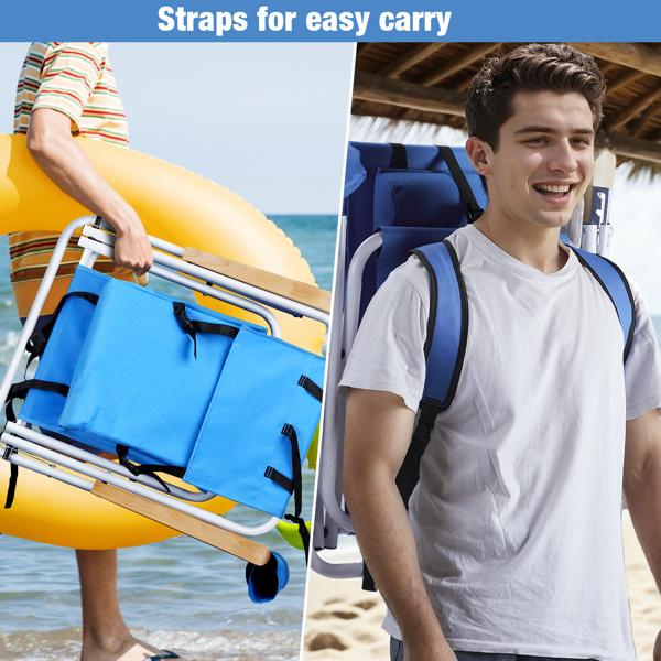 Folding Beach Chair Set of 2 for Adults 4 Position Portable Backpack Foldable Camping Chair with Headrest Cup Holder and Wooden Armrests Blue