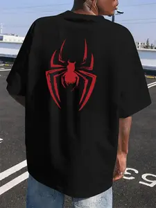 Spider-Print Touch Logo T-Shirt, Superhero American Streetwear Short Sleeve, Casual Fitted Long Tee, All Seasons Fashion