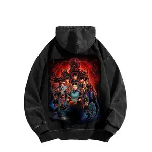 Stranger Things anime double-sided printed washed hooded sweatshirt, unisex, anime/manga style washed heavyweight cotton sweatshirt, made in the USA.