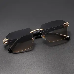 Trendy Angular Geometric Rimless Sunglasses with Gradient-Tint UV400 Protection for Daily OOTD Street Shoots & Dates Gold Accents Stylish Design