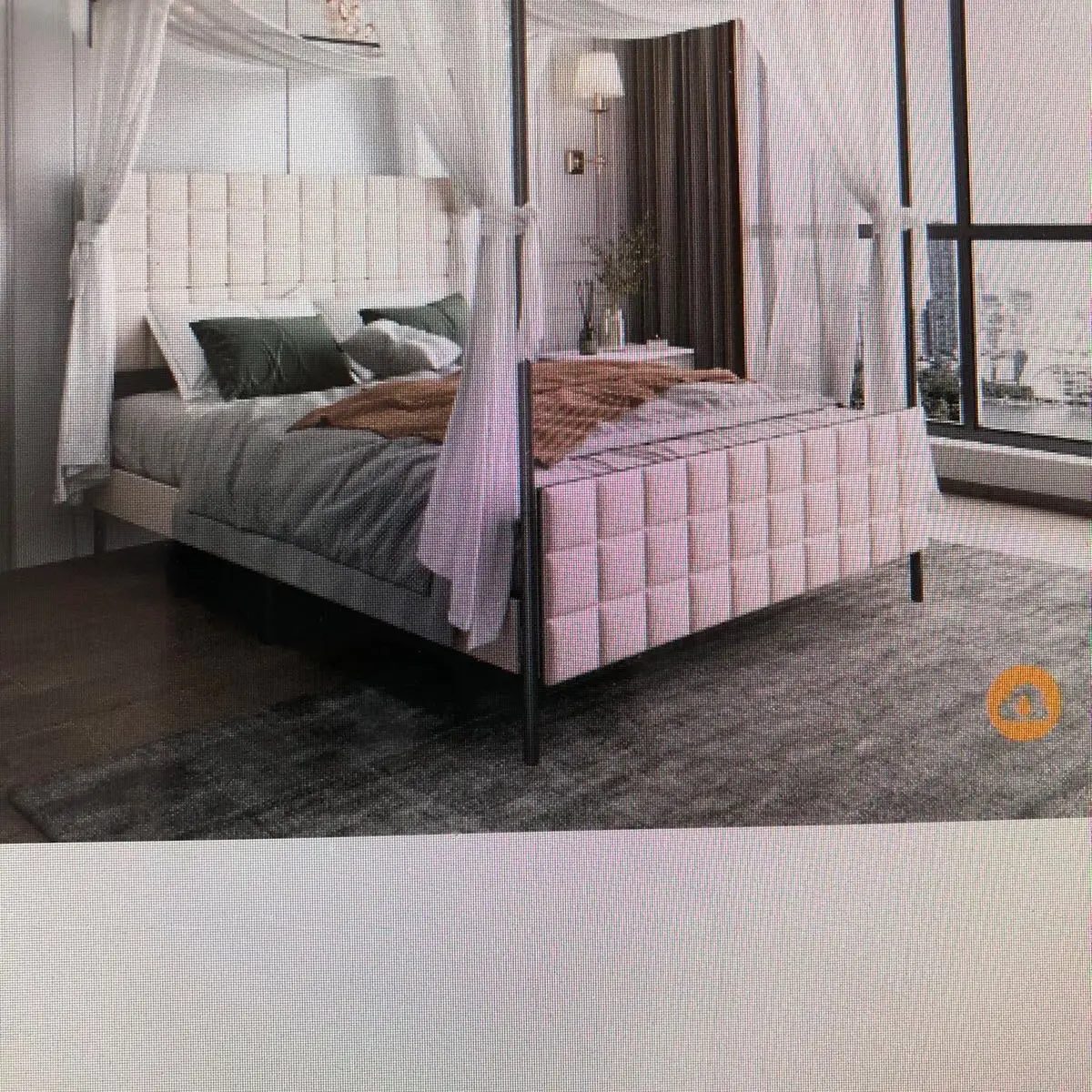 Grid panel canopy bed-beige linen -queen