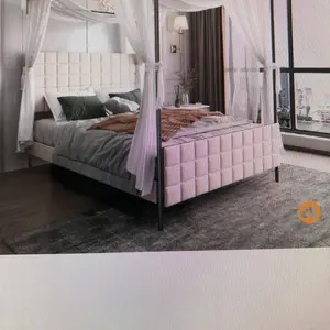 Grid panel canopy bed-beige linen -queen