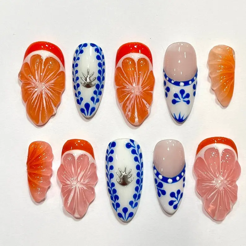 Summer Fruit Almond Press On Nails, Handmade Fake Nails Nails, Unique Nails for Birthday