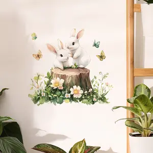 Creative Rabbit & Floral Tree Stump Wall Decal with Butterfly, Waterproof Removable Sticker for Bedroom Living Room Bathroom Decor