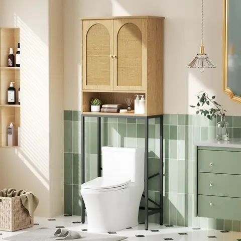 Vabches Rattan Over-the-Rack Bathroom Cabinet - Sturdy Natural Style Apartment Furniture, Metal-Stand Wood Cabinet with Adjustable Shelf, Magnetic Vertical Organizer, Bathroom Accessories, Assembly Required