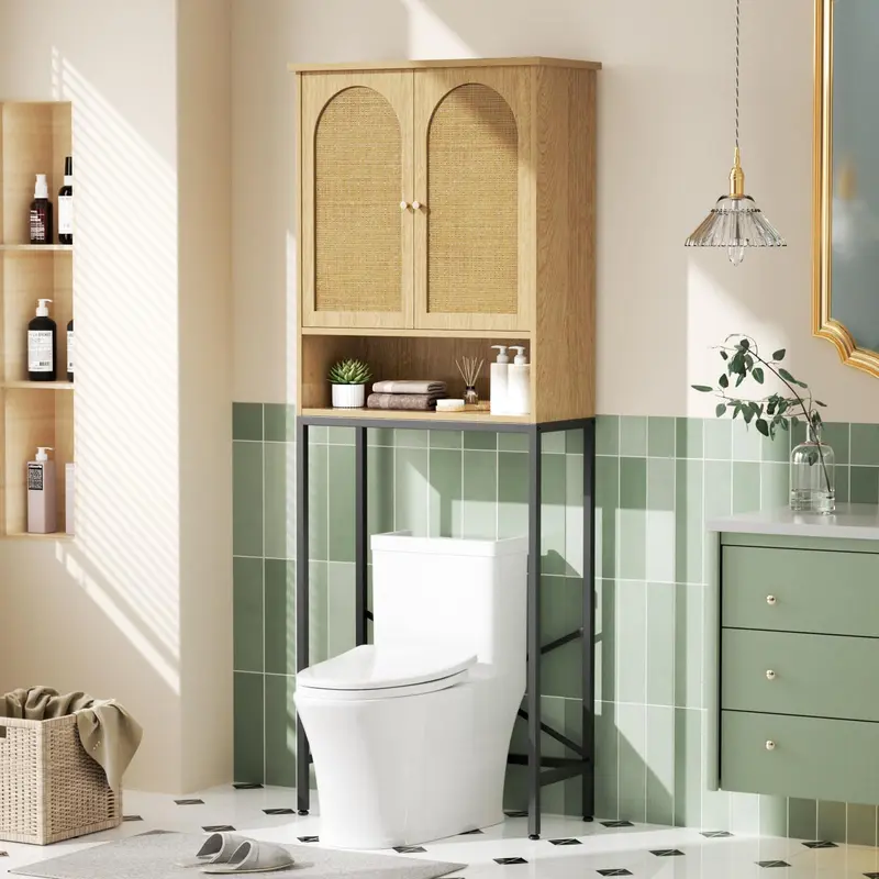 Vabches Rattan Over-the-Rack Bathroom Cabinet - Sturdy Natural Style Apartment Furniture, Metal-Stand Wood Cabinet with Adjustable Shelf, Magnetic Vertical Organizer, Bathroom Accessories, Assembly Required