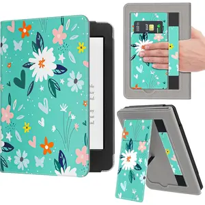 Stand Case for 6" - Kindle 11th Generation 2024/2022 Release,  PU Leather Protective Sleeve Cover with Hand Strap, Auto Sleep/Wake and  Cover Adsorption, Green Flower