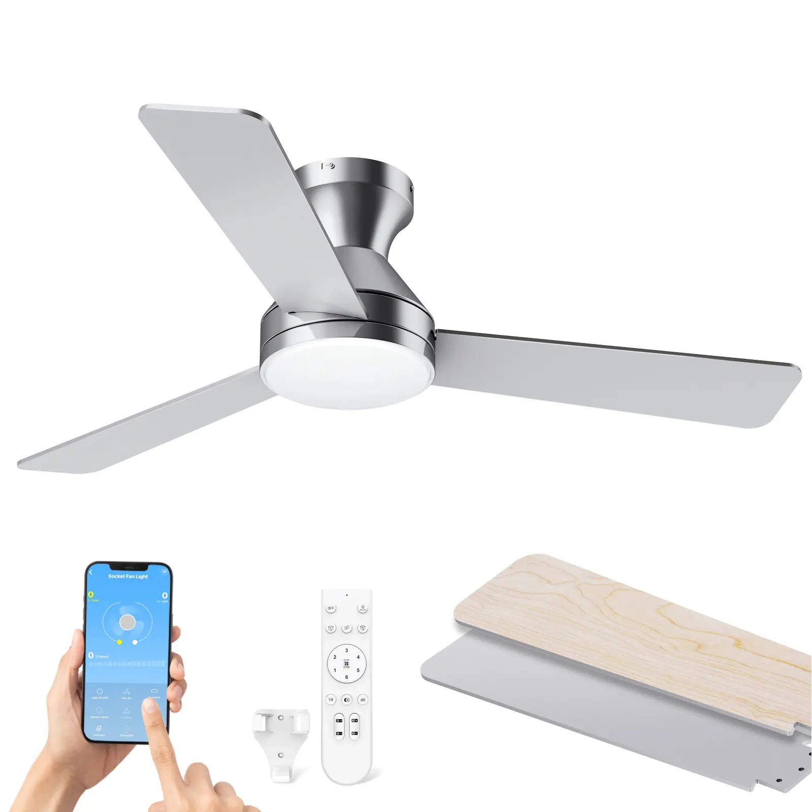 LANMEL 42in Silver Contemporary Flush Mount Ceiling Fan-Light Combo, Low Profile with Remote Control, Reversible, 3CCT Dimmable LEDs, 6 Adjustable Wind Speeds, Quiet LED, for Bedroom, Covered Outdoors