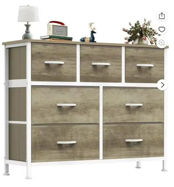 Chest of Drawers with 7 Fabric Drawers, Drawer Cabinet, Organization Furniture for Kitchen, Office, Hallway, Oak