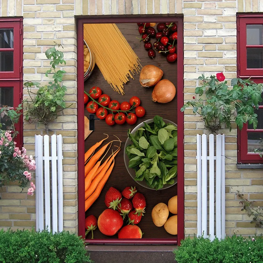2pcs Fresh Vegetables and Fruits Theme Kitchen Door Wall Sticker Pasta Strawberry Carrot Vegetable Pattern Decal Self Adhesive Removable Home Decor Sticker for Dining Room Wall Decoration 198168"" Col