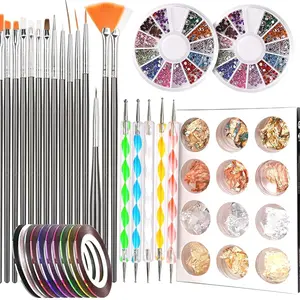 Stamp Nail Art Tool with 15pcs Nail Painting Brushes, Nail Dotting Tool, Nail Foil, Manicure Tape, Color Rhinestones for Nails-Black