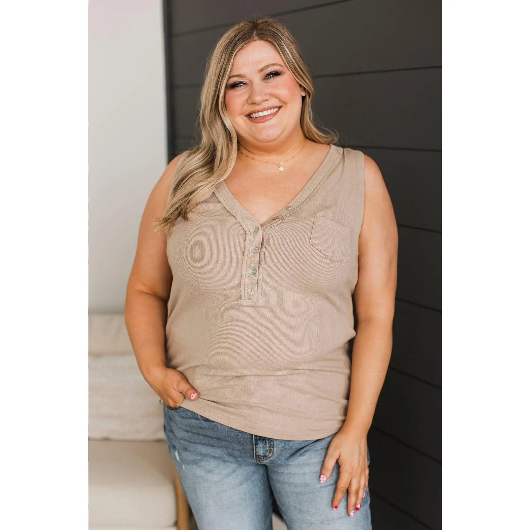 Women's Ribbed Tank Top, Casual V-Neck Button Down with Chest Pocket, Lightweight Stretchy Rayon Fabric in Beige, Fit, Sleeveless, Flat