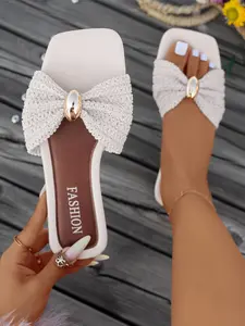 New Woven Bow Sandals Metal Buckle Flat Strap Slippers Soft Lightweight, Casual Solid Pattern, All Seasons Footwear