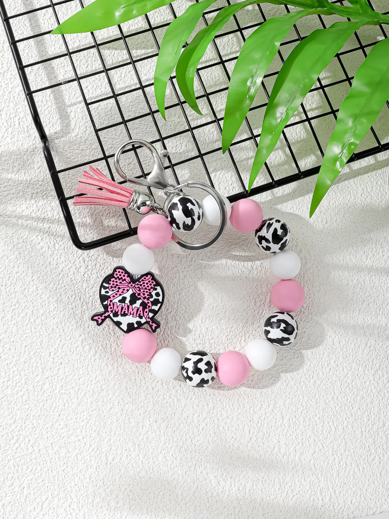 Cow Print Beaded Wristlet Keychain for Women, Cute Keychain Accessory, Heart Shape Mama Charm, Bow & Faux Suede Tassel, Silver Color Clasp, Mother's Day Gift