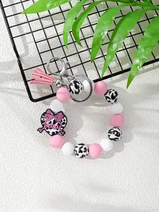 Cow Print Beaded Wristlet Keychain for Women, Cute Keychain Accessory, Heart Shape Mama Charm, Bow & Faux Suede Tassel, Silver Color Clasp, Mother's Day Gift