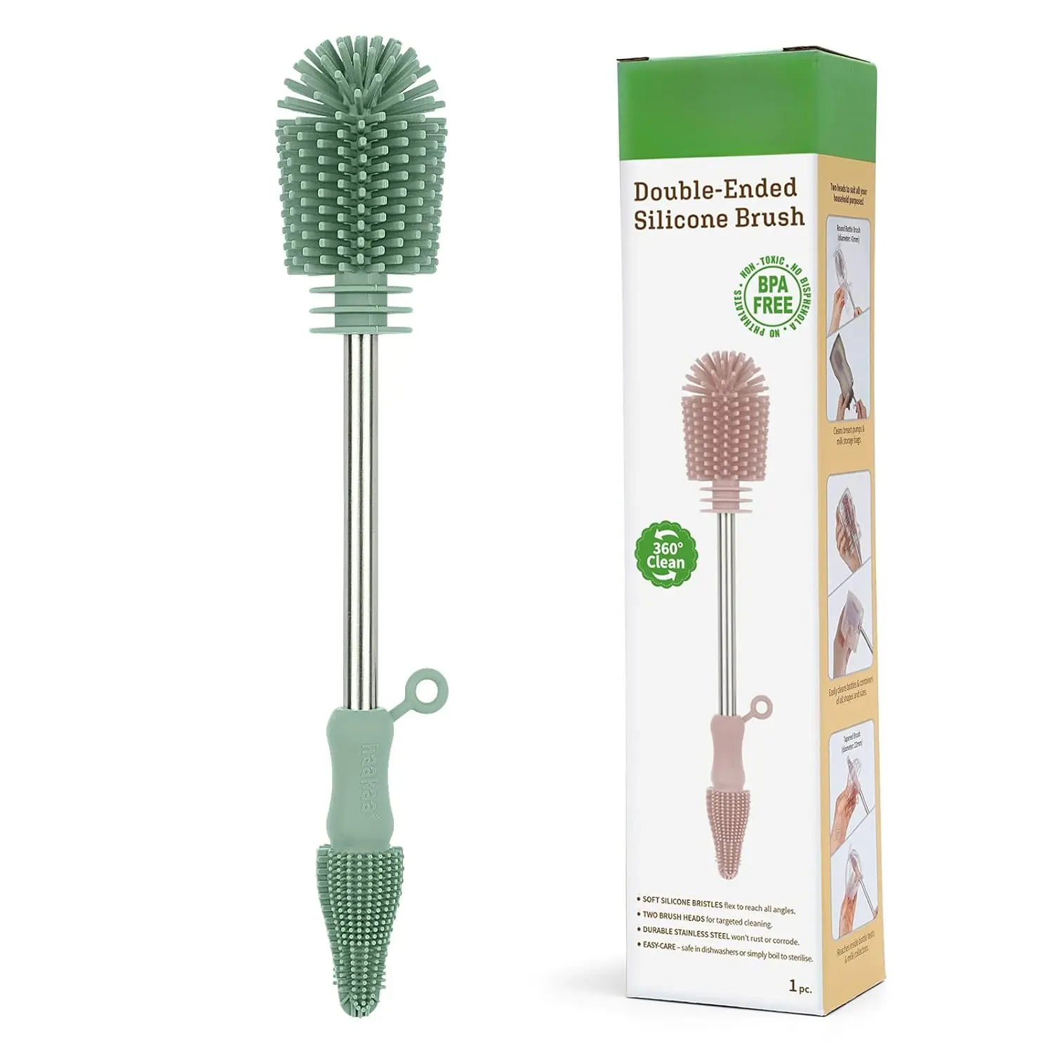 Food-Grade Silicone Bottle Brush, Double-Ended Cleaner for Baby Bottles, Breast Pumps, Nipples, and Crevices - Pea Green, 1-Pack, Unisex