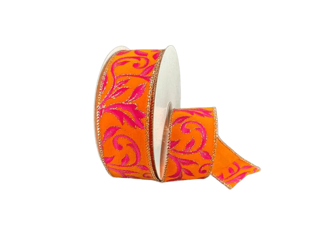 1.5" x 10yd Velvet Ribbon with Fuchsia & Gold Vine Swirls - Orange