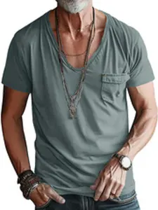 Men's Solid Pocket U Neck Tee, Loose Casual Relaxed Fit Short Sleeve T-shirt for Summer, Fashion Menswear Top for Daily Wear