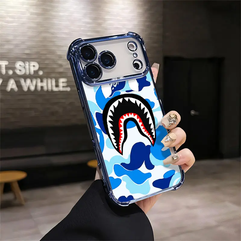 Bape Shark Camo  Viral Streetwear Aesthetic Blue Camo Shark Mouth Iconic Shark Mouth Camo For Iphone 17 Pro Max IPhone 11 12 13 14 15 16 Pro Max Plus Shockproof Soft Silicone Smartphone Protective Case Cellphone Shell Aesthetic Protection Q167