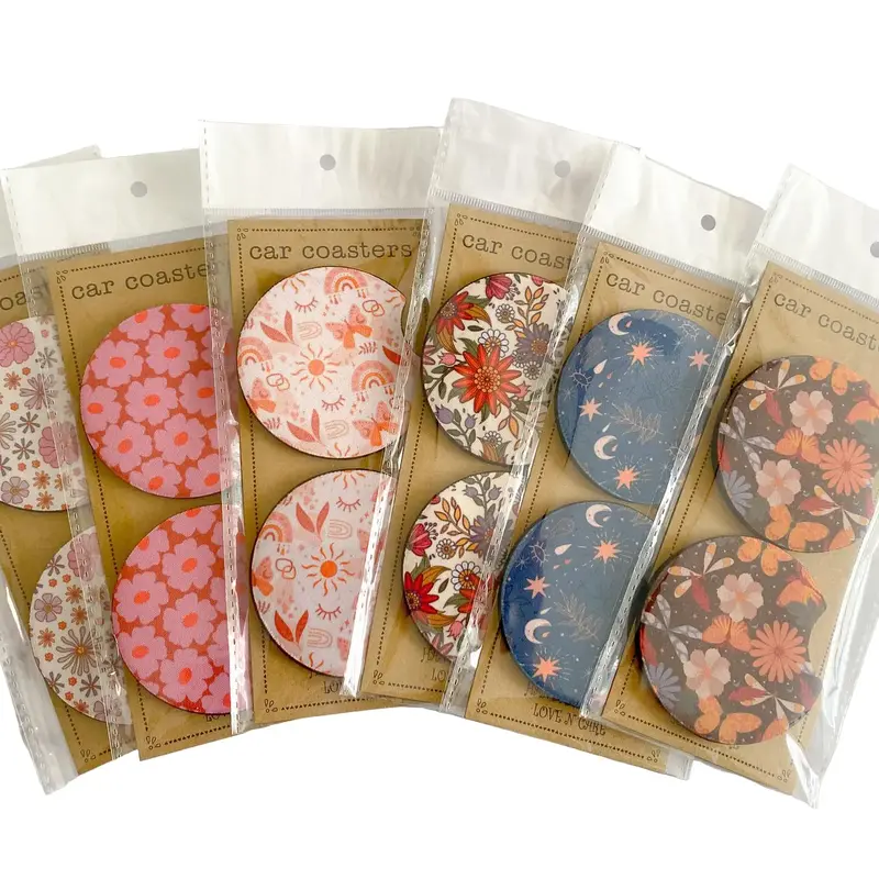 Floral Boho Style Cute Car Coasters, Set of 2, Cute Aesthetic Car Coasters, New Car Gift, Gifts for Her, Flower Coasters for Car, Car Gadgets and Accessories Girly