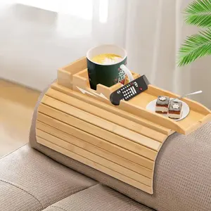 Bamboo Couch Cup Holder, Foldable and Anti-Slip Sofa Arm Table with Detachable Sofa Arm Organizer Tray, Portable 2 in 1 Sofa Armrest Tray for Drink, Coffee, Cup, Remote, Snacks, Cellphone, Glasses HUMARIEY