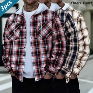 Clean Gent 3Pcs/Set Plaid Basic Shirt For Men , Street Style Men's Casual Hoodie, Long Sleeve Men's Soft Fabric Spring And Autumn Lightweight Jacket, Men's Apparel