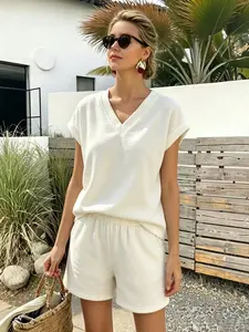 New Casual Solid V-Neck Short Sleeve Top and Shorts Set for Women, Comfortable Summer Sportswear, Perfect for Daily Wear and Light Activities