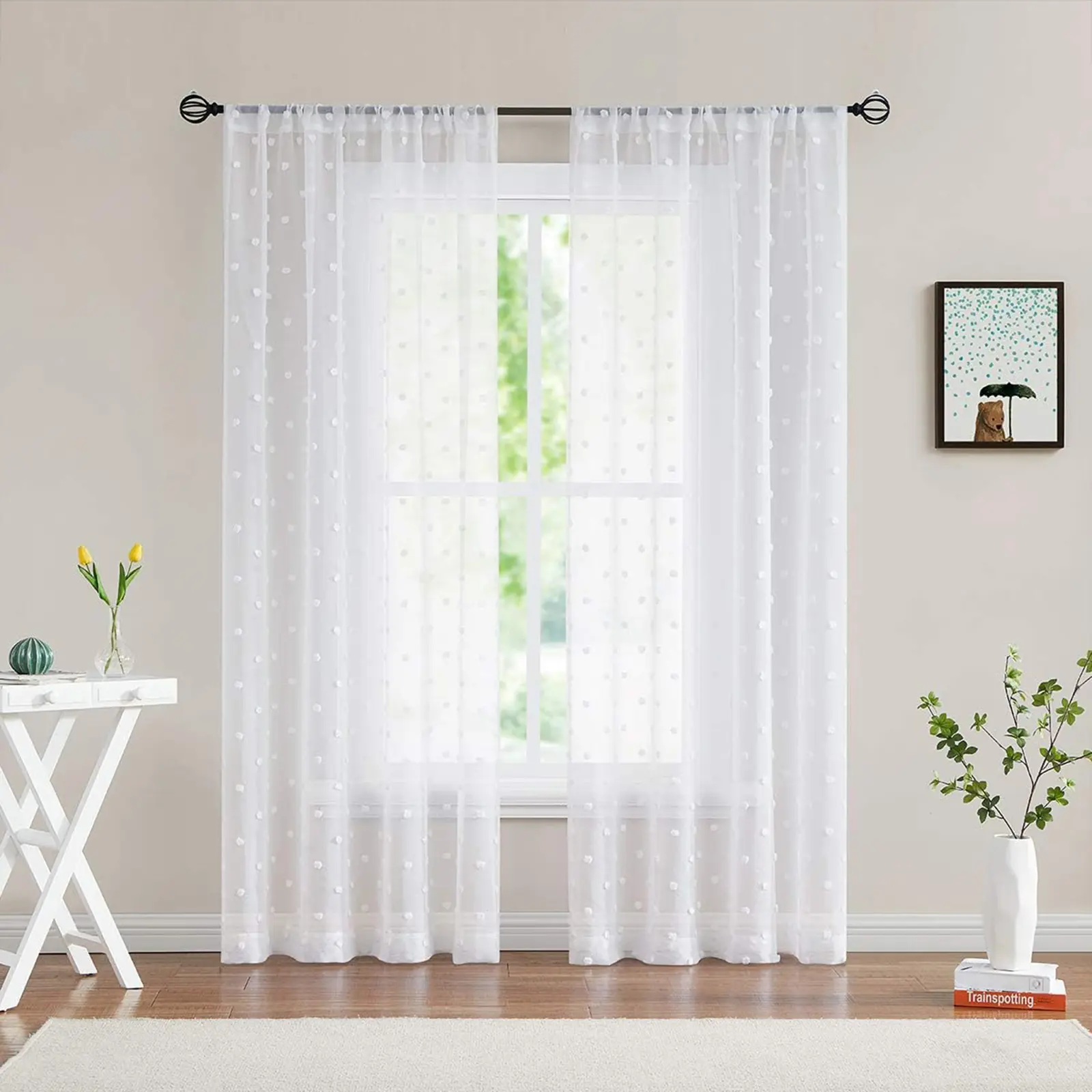 BTTO Cordless Single Panel White Pompom Sheer Curtain - 1.5m Flat Weave Rod Pocket Polyester Blend Drapes, Breathable Boho Decor, Machine Washable, Multi-Size (160cm/213cm/241cm/274cm) for Bedroom, Living Room