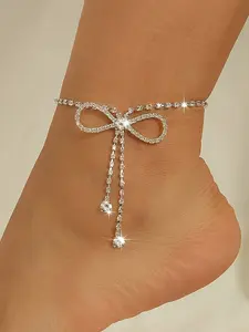 Water Drill Bow Fringe Chain Anklet, Unique Women's High Heel Jewelry, Valentine's Day Gift, Fashion Accessory, Fashionable Jewelry Accessories