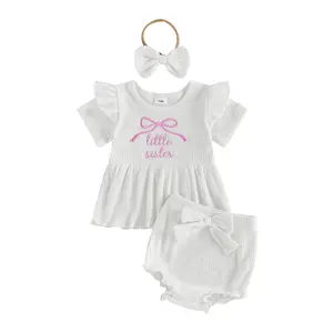 Baby Girls Shorts Set, Short Sleeve Embroidery Bow Letters T-shirt with Shorts and Hairband Summer Outfit