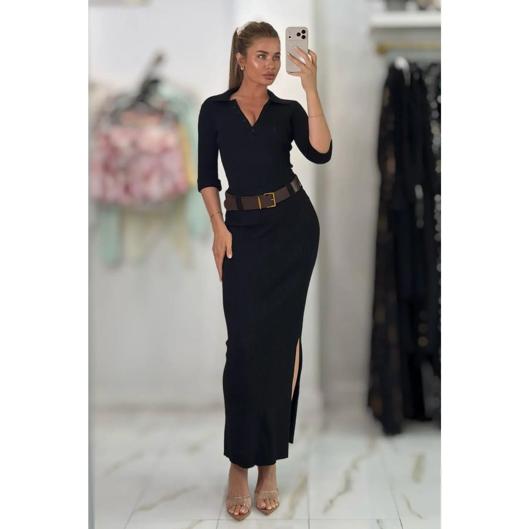 Jessica Bara Flamara 2 Belted Knit Bodysuit and Maxi Skirt Set