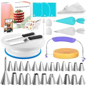 90 count Cake Decorating Kit with Leveler, Baking Supplies  Includes Cake Stand Turntable, 24 Numbered Icing Tips, 55+1 Piping Bags, 2 Frosting Spatulas, 3 Scrappers, Video Course & Booklet