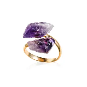 Amethyst Adjustable Healing Crystal Ring | Handmade bypass ring for women with Gold-plated Copper | Statement Rings with Ethically Sourced Natural Healing Crystal Gemstone