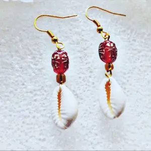 Bohemian Cowrie Shell Earrings with Red Beads and Gold Hooks Bohemian Style Jewelry
