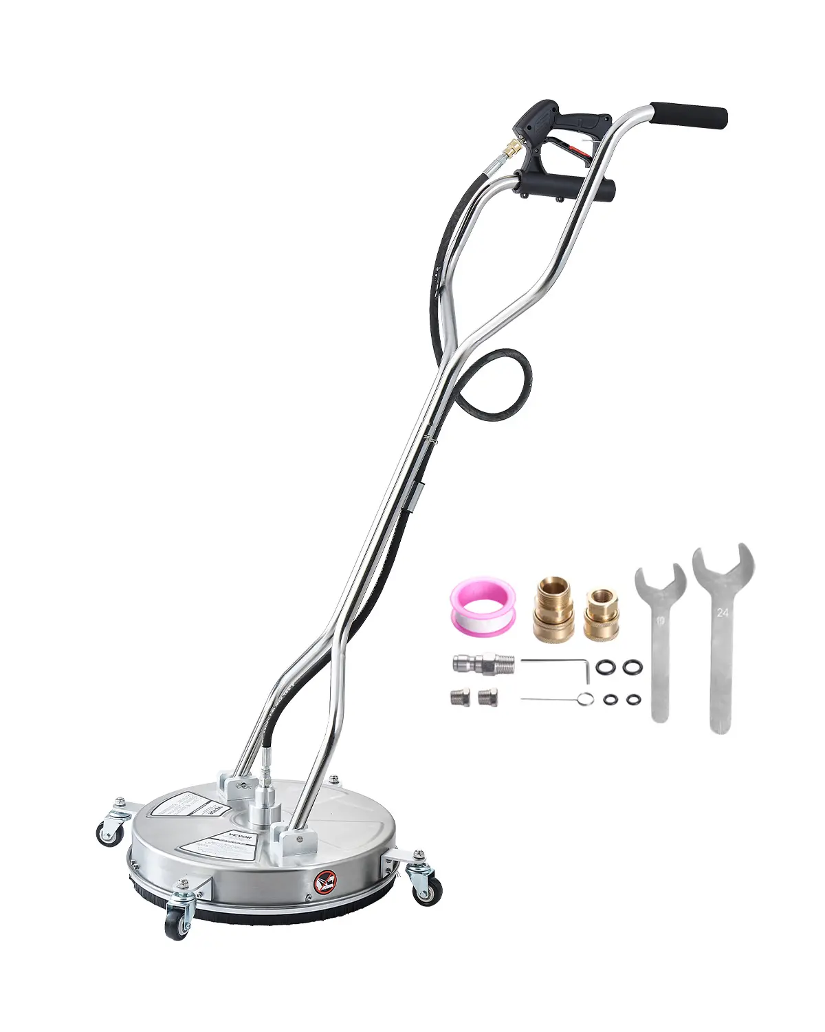 【SummerFinds】VEVOR 18-in High Water Pressure Washer Surface Cleaner, Stainless Steel Attachment with 4 Wheels, 4000 Max PSI, 3/8 Quick Connector, 2 Spray Nozzles, Dual Rotating Handle, 1/4-in Adapter Kit, 4 Gal/min, for Concrete, Sidewalk Cleaning