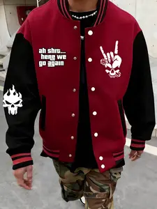 Campus Style Couple Baseball Jacket, Geometric Design, Long Sleeve, Loose-Fitting, All Seasons, Trendy Colorblock, Must-Have Daily Wear