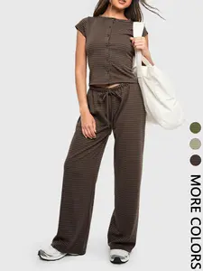 Women Casual Striped Button-Front Crop Top & Wide-Leg Pants Set, Soft Stretchy Fabric & Drawstring Waist Design, 2pc Set