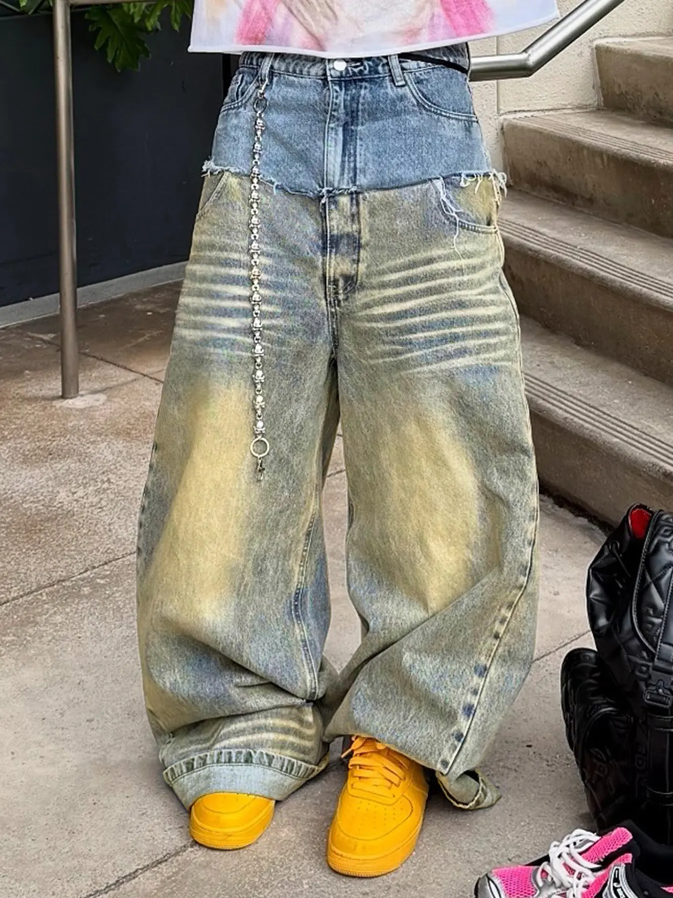 Men's Vintage Patchwork Denim Jeans, High Waist Loose Fit, Multi-Pocket Straight Leg, Casual Ombre Classic Style Streetwear, All Seasons Wear Pants, Menswear